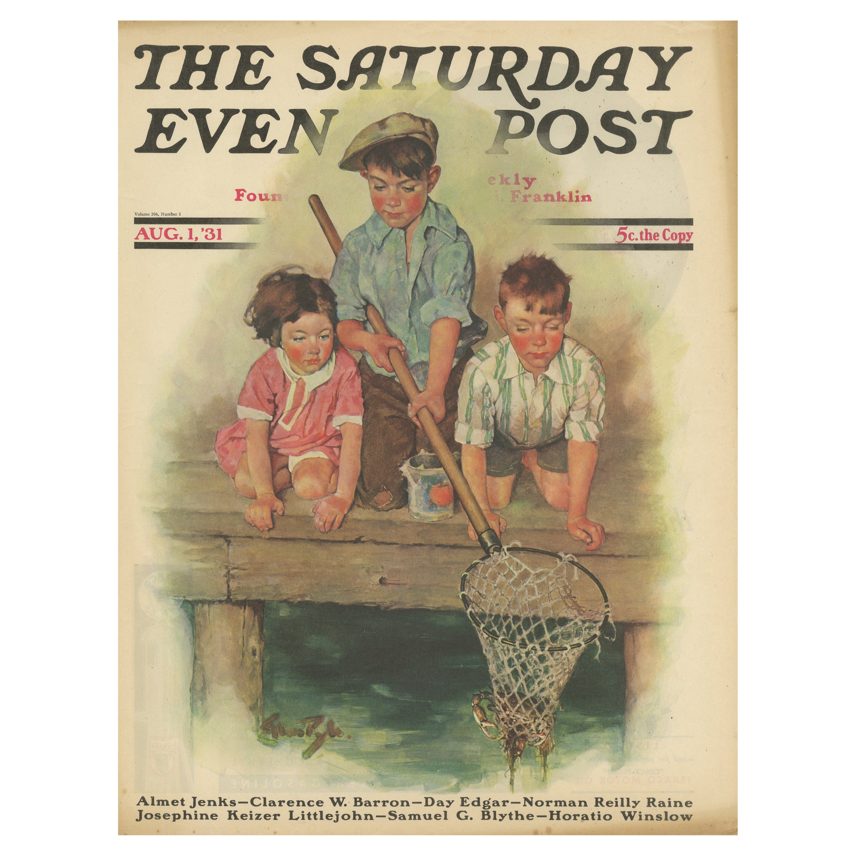 Impression vintage d'enfants pêcheant « The Saturday Evening Post » (le poteau du soir du samedi), 1931