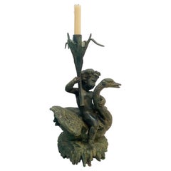 Bronze Putti Riding a Swan Sculpture Candlestick