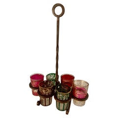 Set of Six Moroccan Drinking Glasses in Wrought Iron Caddy