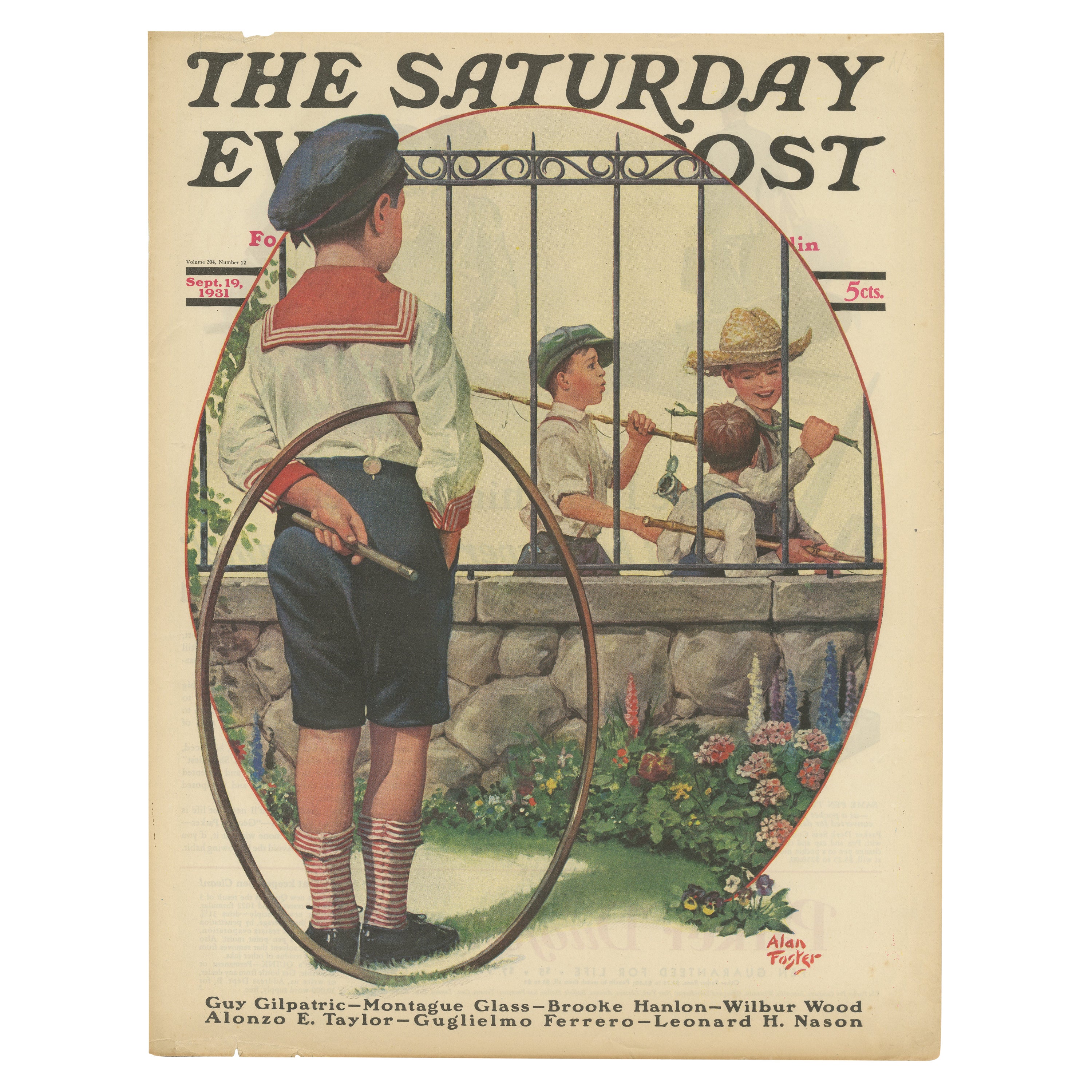 Vintage Print of a Boy with Hoop and Stick 'The Saturday Evening Post' 1931' For Sale