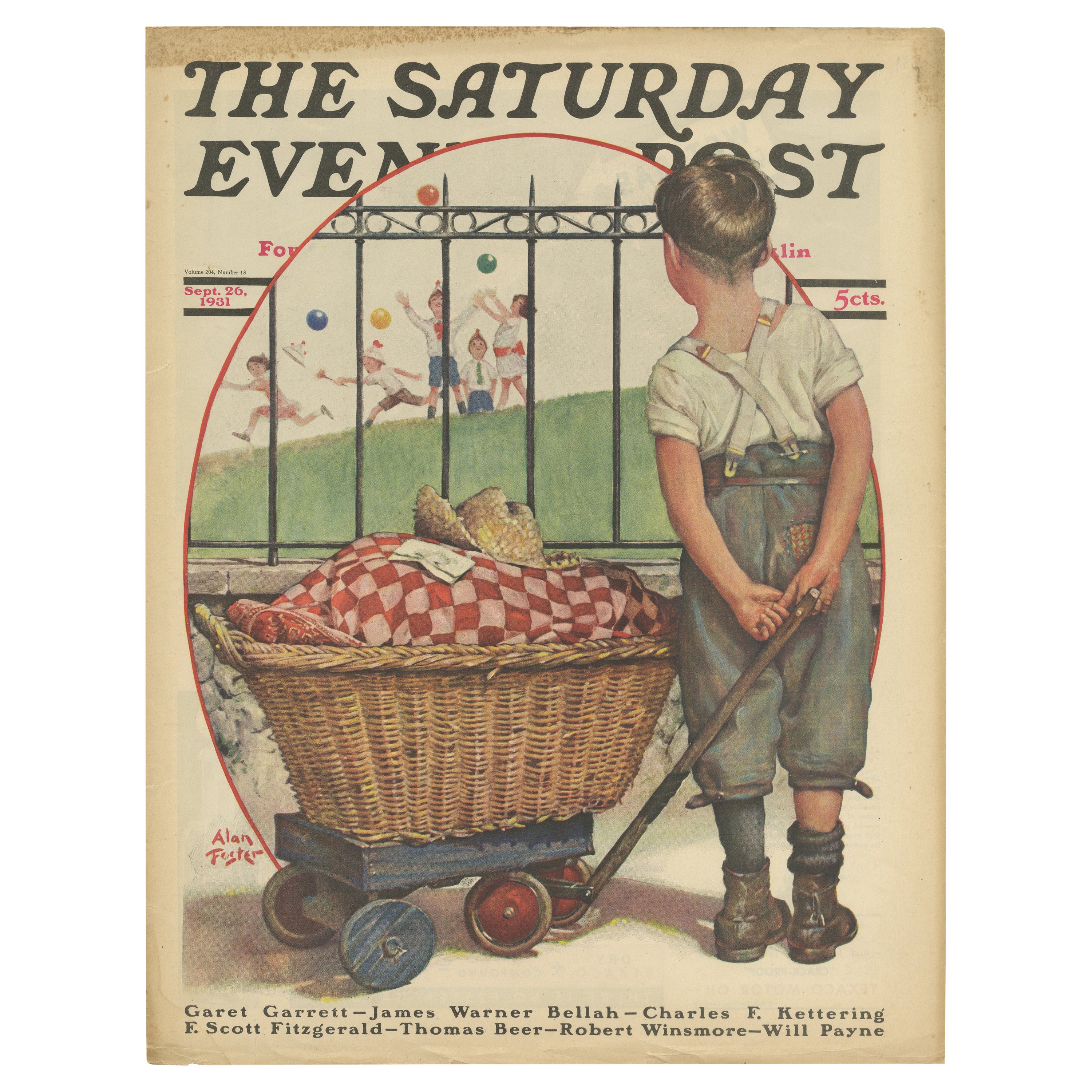Impression vintage d'un garçon avec un chariot « The Saturday Evening Post » (1931)