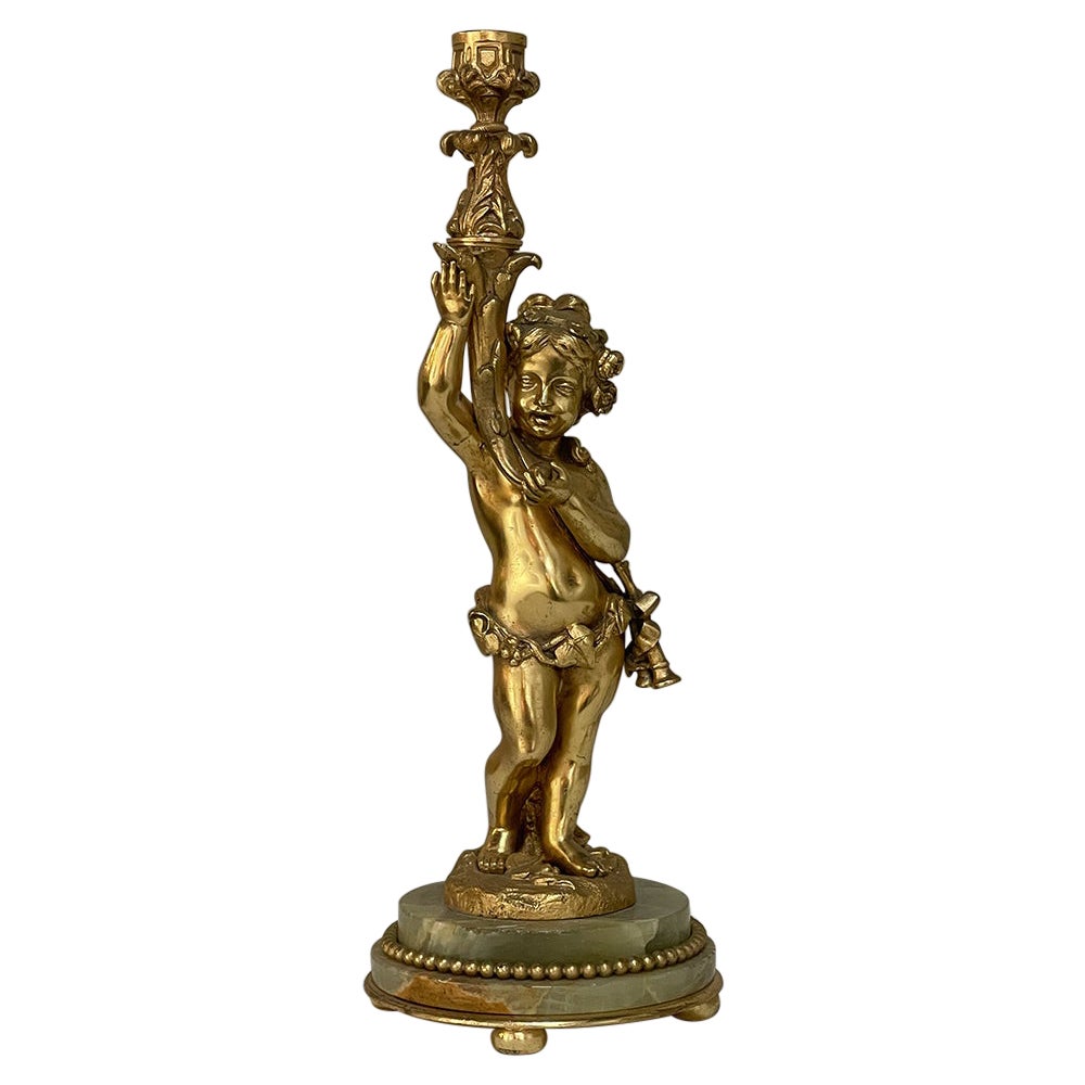 Antique Bronze D'Ore Cherub Statue on Onyx Candlestick For Sale