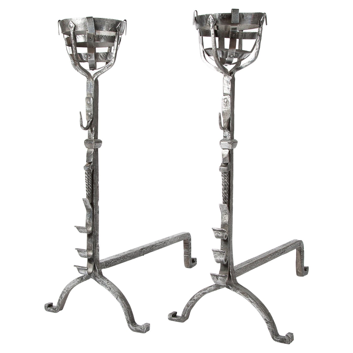 Wrought Iron Cresset Andirons, English, circa 1800 For Sale