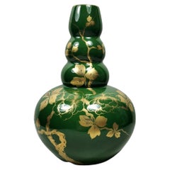 Retro Art Decò Green Enameled Terracotta Vase with Pure Gold Decorations, France