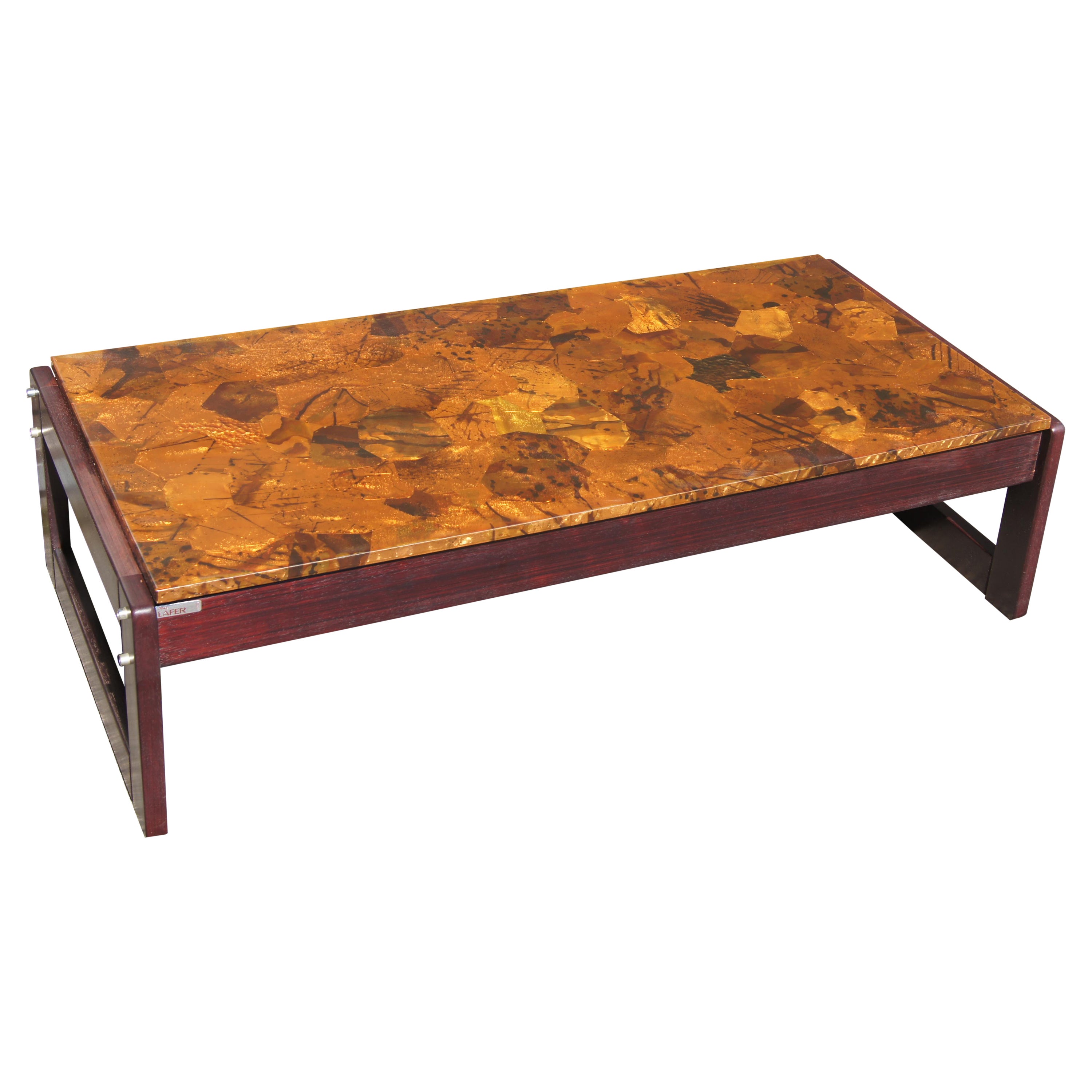 Table basse en bois de rose et cuivre patchwork de Percival Lafer en vente
