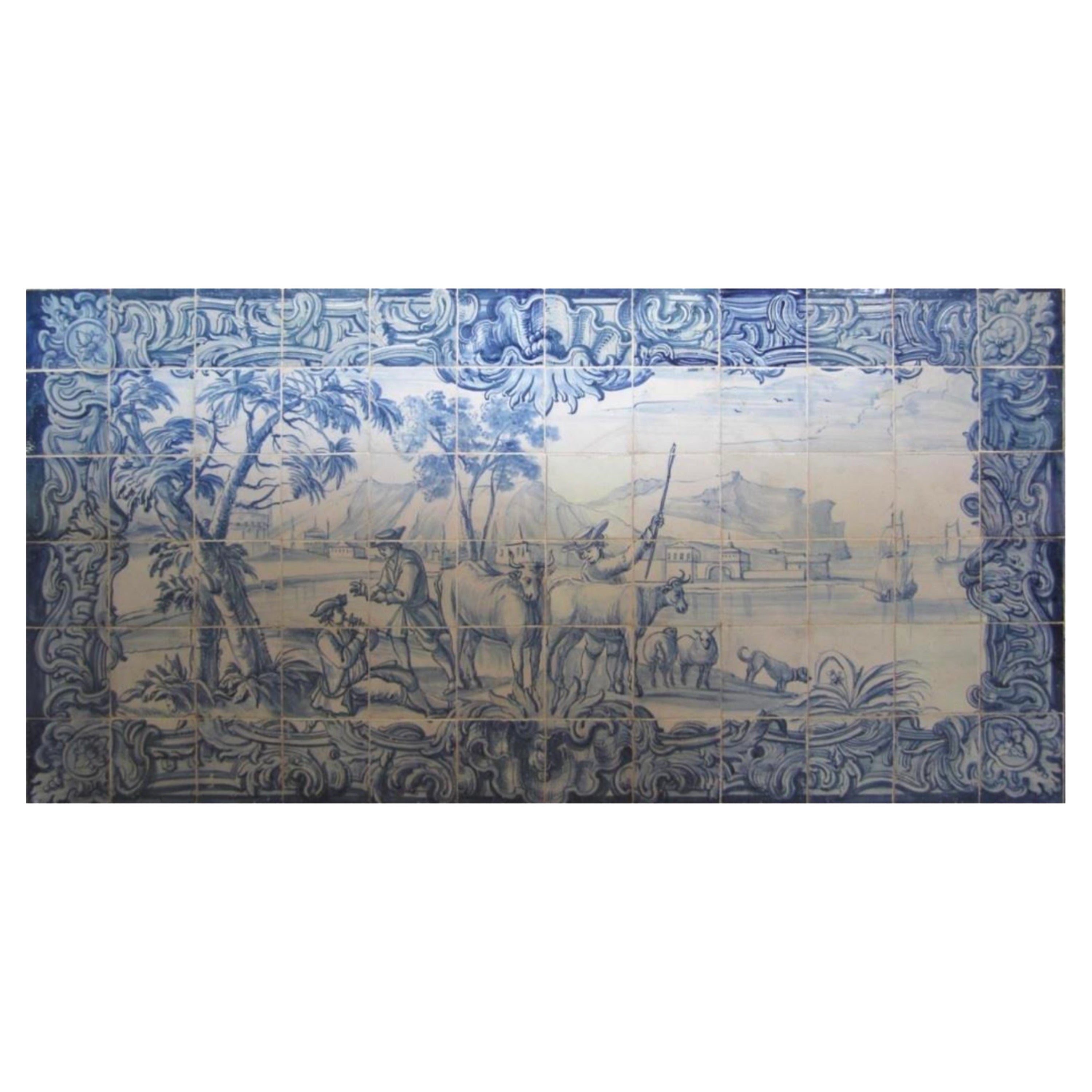 Panneau portugais « Azulejos » du 18ème siècle « Scène de cheminée »