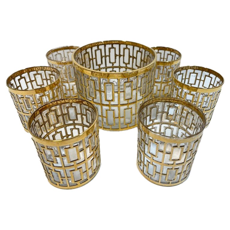 Vintage Imperial Glass Co., Shoji Pattern Ice Bowl and 6 Rocks Glasses ...