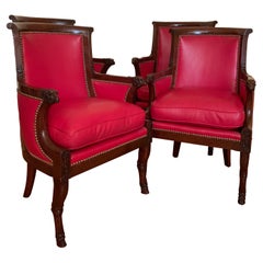 Rare Set of Four Empire Rams Head Carved Mahogany Armchairs, Bergeres