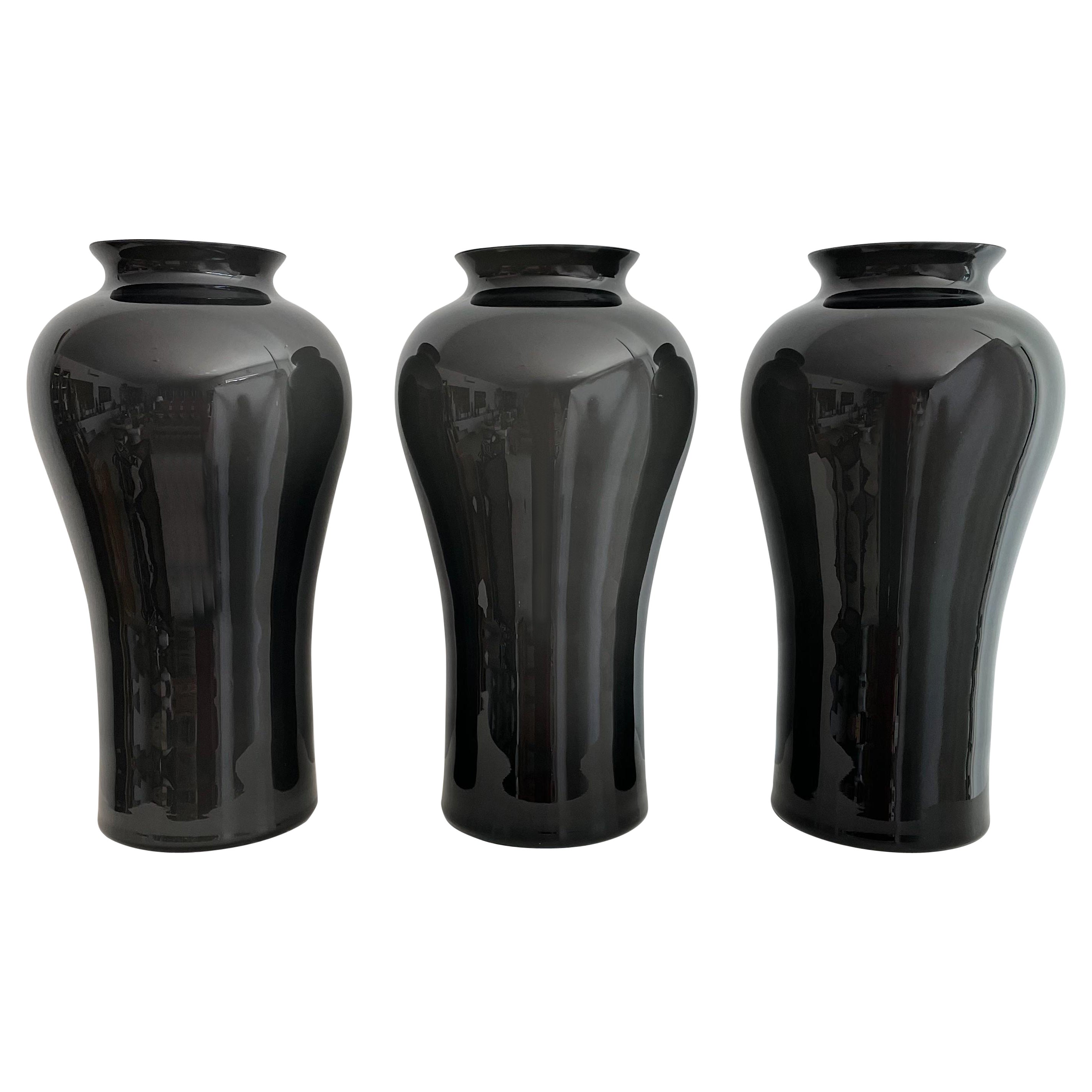 Vintage Smokey Gray Signed Cenedese Murano Cased Glass Large Vases For Sale