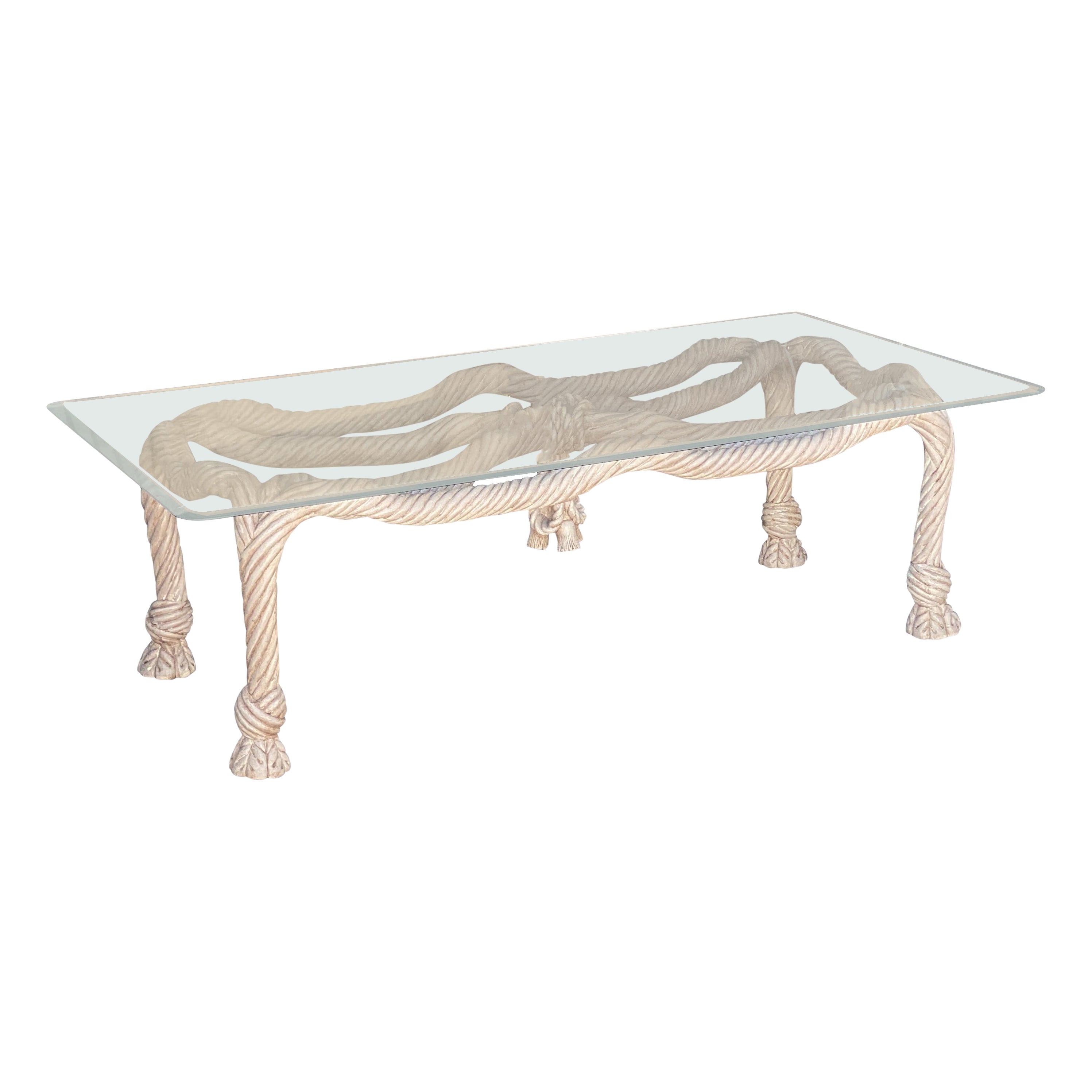 1980s Hand-Carved Wood and Glass Rope Coffee Table For Sale