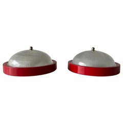 Vintage Glass Red Metal Base Pair of Sconces or Ceiling Lamps by Reggiani, 1970s, Italy