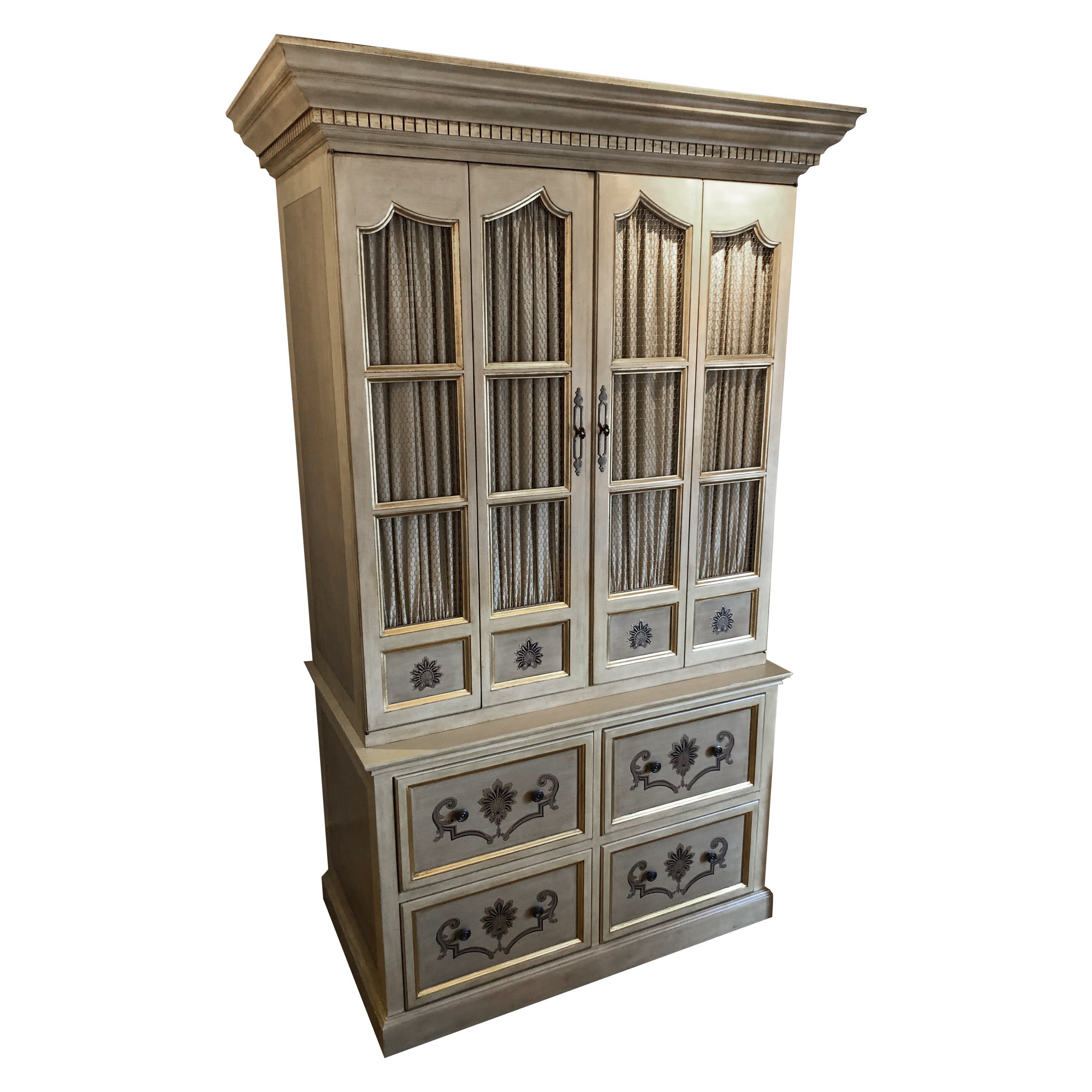 Elegant Very Large Cream & Gold Cabinet with Drawers and Paneled Doors