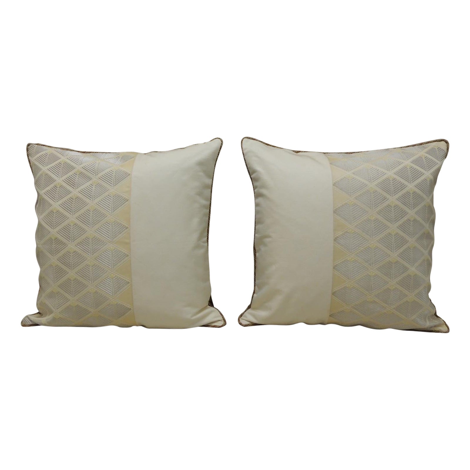 Pair of Vintage Woven Silk Gold and Silver Obi Square Decorative Pillows