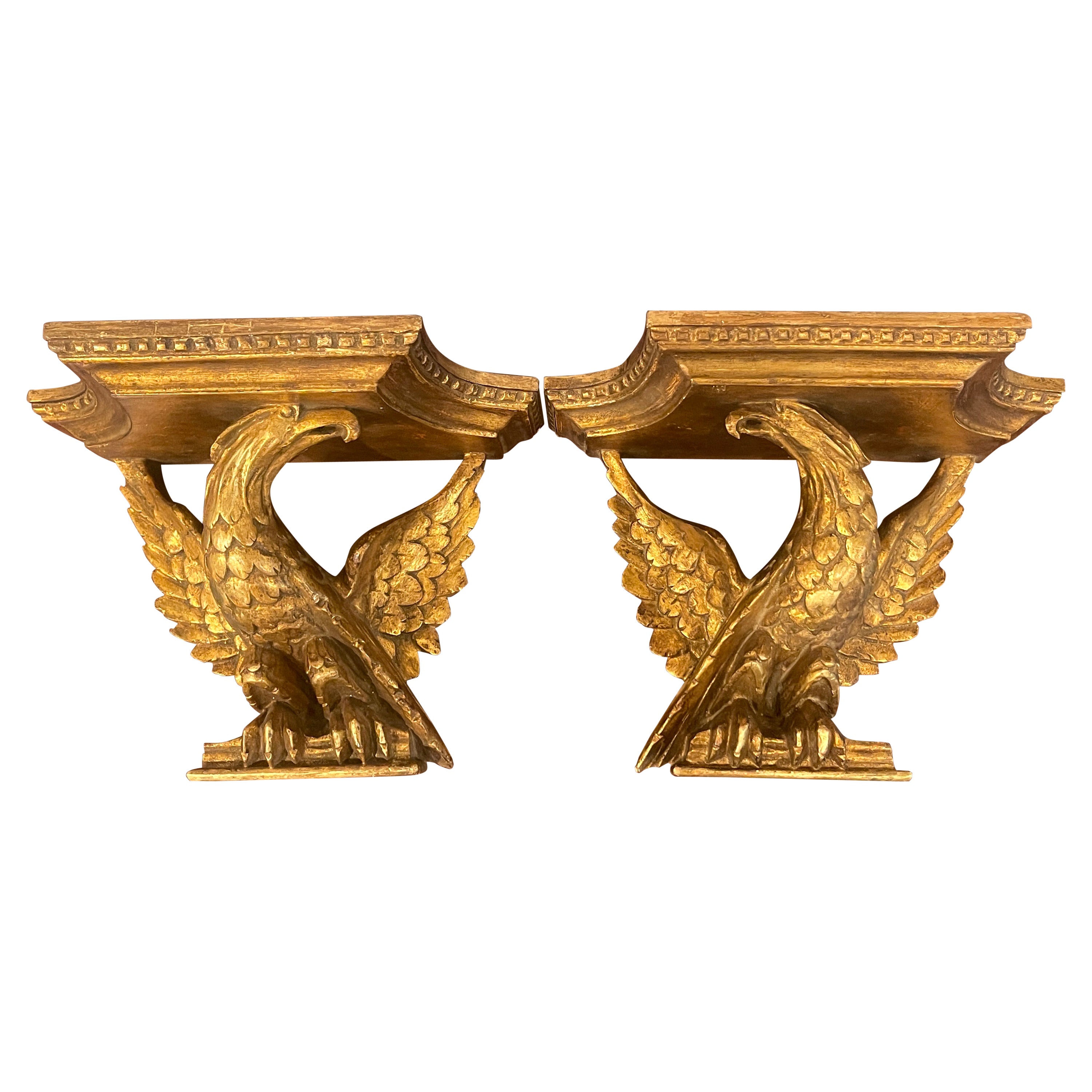 Pair of Italian Neoclassic Carved Giltwood Eagle Motif Wall Shelves For Sale