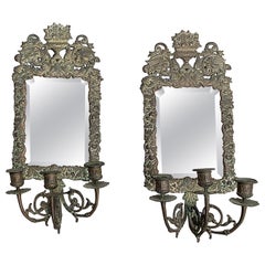 Antique 18th Century Double Eagle Wall Mirrors Candle Sconces Repoussé Brass