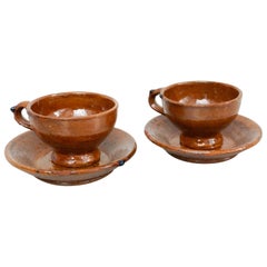 Vintage Pair of Rustic Traditional Ceramic Tea Cups, circa 1950