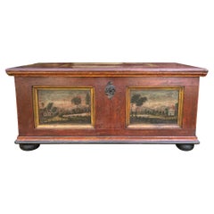 Blanket Chest, Dark Red Landscape Painted, Early 19th - Central Europe