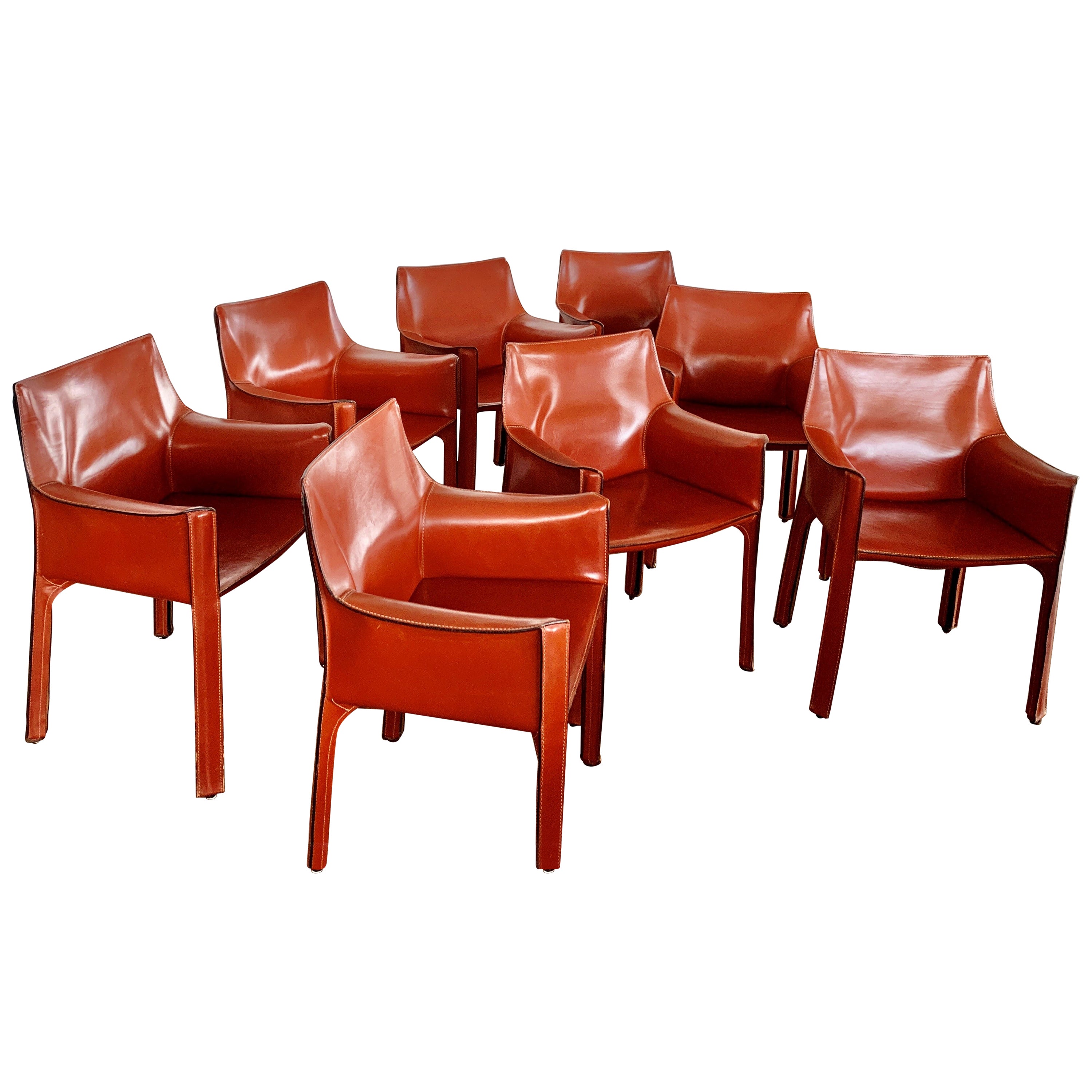 8 Mario Bellini CAB 413 Armchairs in Russian Red 'Cognac' Leather for Cassina