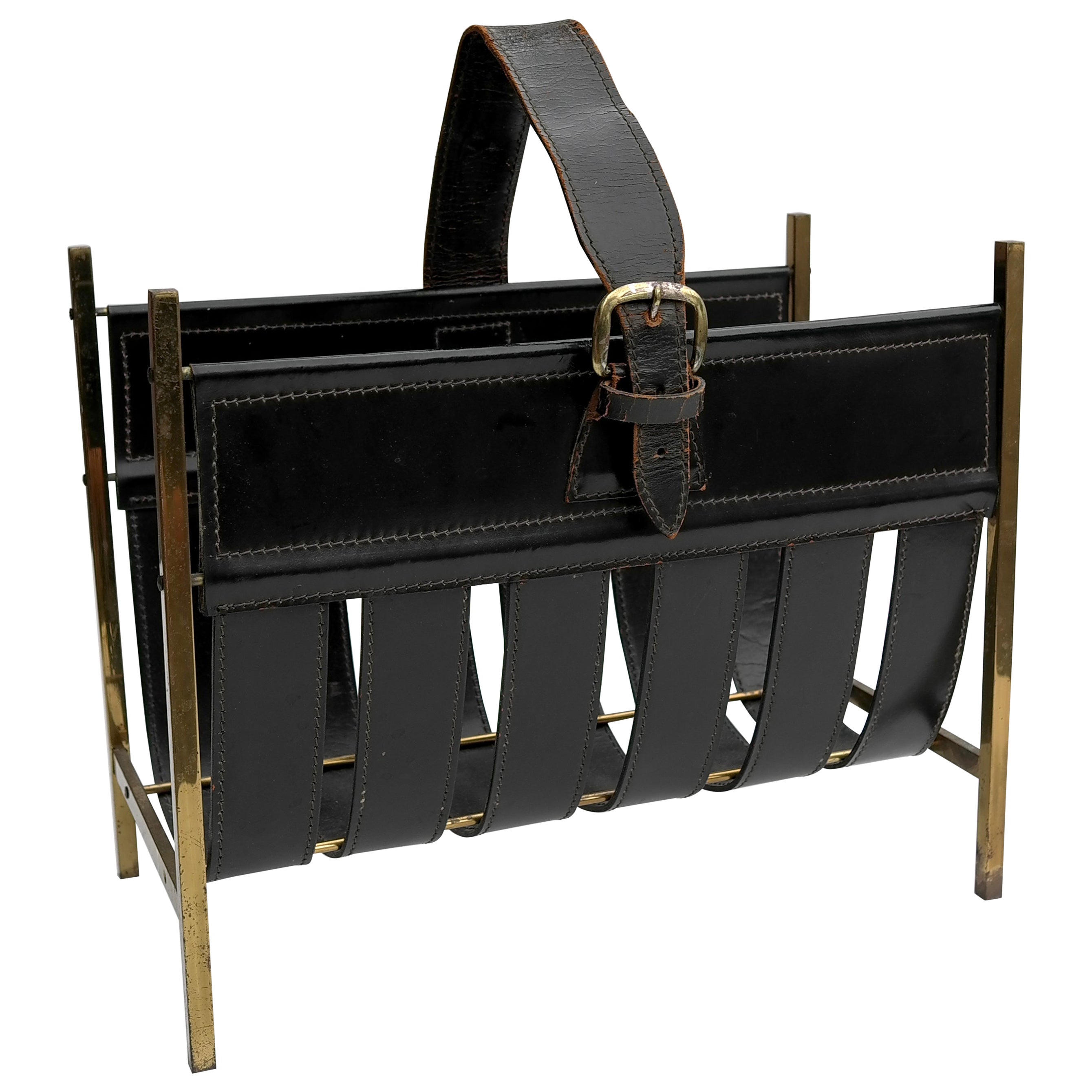 Jacques Adnet Magazine Rack in Black Sling Leather and Brass, France 1960's