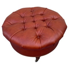 Ferrell Mittman Pumpkin Red Tufted Leather Round Ottoman Coffee Table