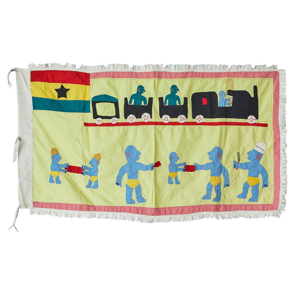  Vintage Asafo Flag in Yellow Appliqué Patterns by the Fante People, Ghana 1970s