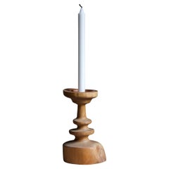Swedish Craft, Candlestick, Carved Solid Pine, Brass, Sweden, 1970s