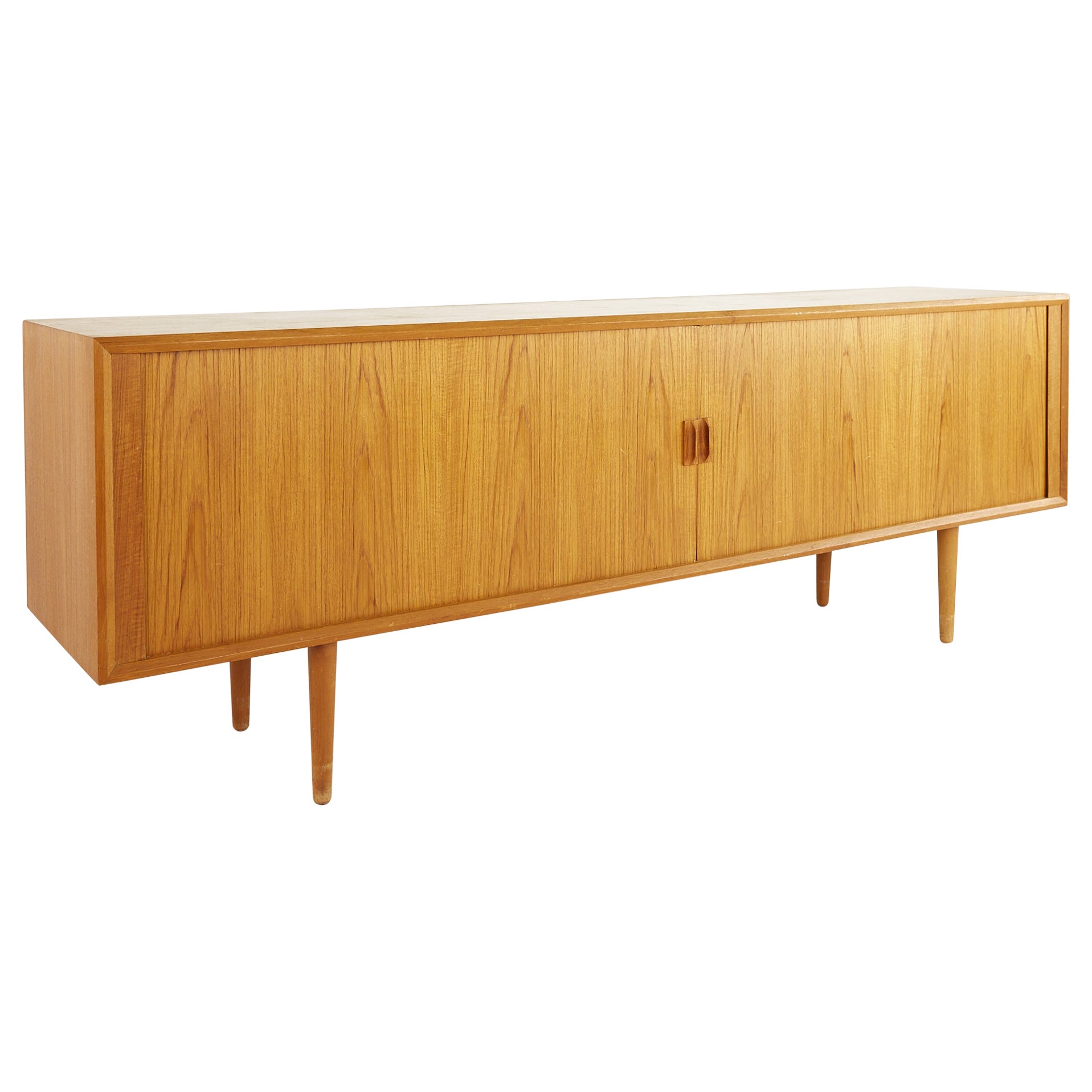 Svend Aage Larsen MCM Teak Tambour Door Long Sideboard Buffet Credenza