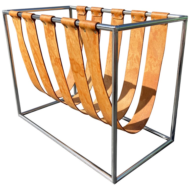 Beautiful Magazine Rack, Cognac Saddle Leather, Chrome For Sale at 1stDibs