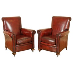 Antique Stunning Restored Pair of Hand Dyed Victorian Gentleman's Club Leather Armchairs