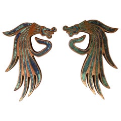 Exquisite Mexican Dragon Door Handle Set in Malachite Bronze Pepe Mendoza 1950s