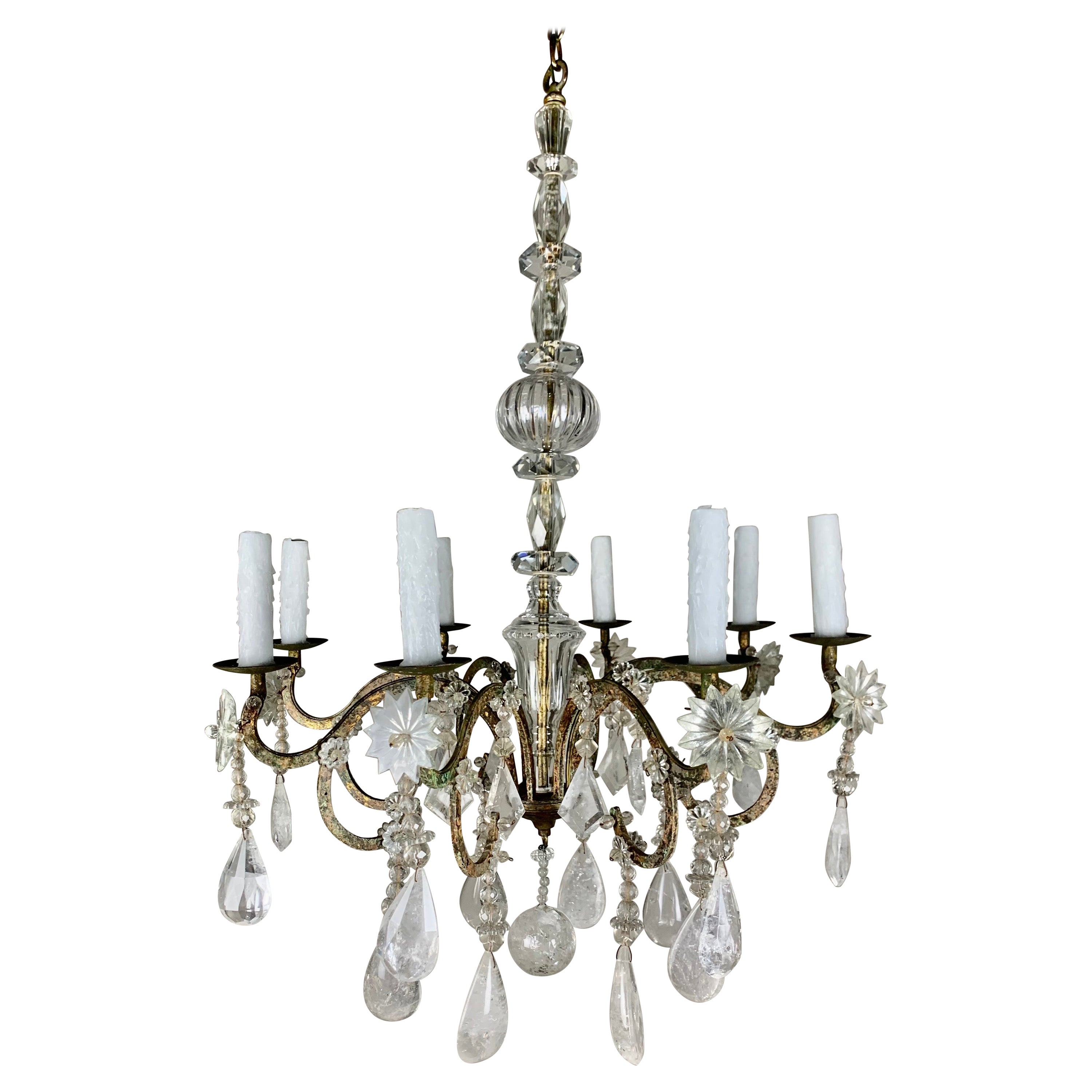 Eight Light Rock Crystal Chandelier C. 1930's For Sale