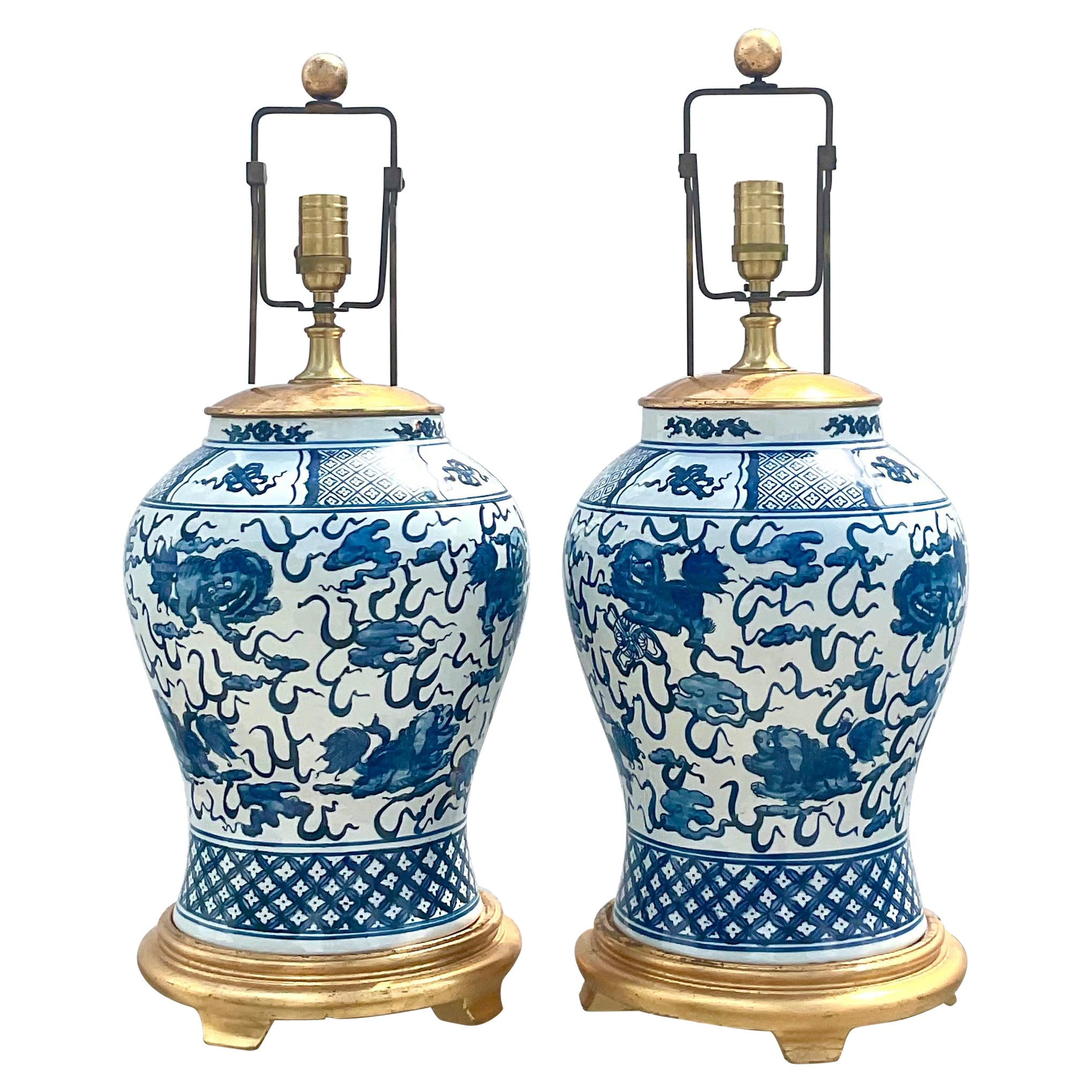 Vintage Regency Ralph Lauren Blue and White Foo Dog Ginger Jar Lamps, a Pair