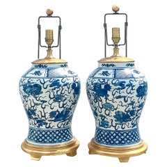 Vintage Regency Ralph Lauren Blue and White Foo Dog Ginger Jar Lamps, a Pair