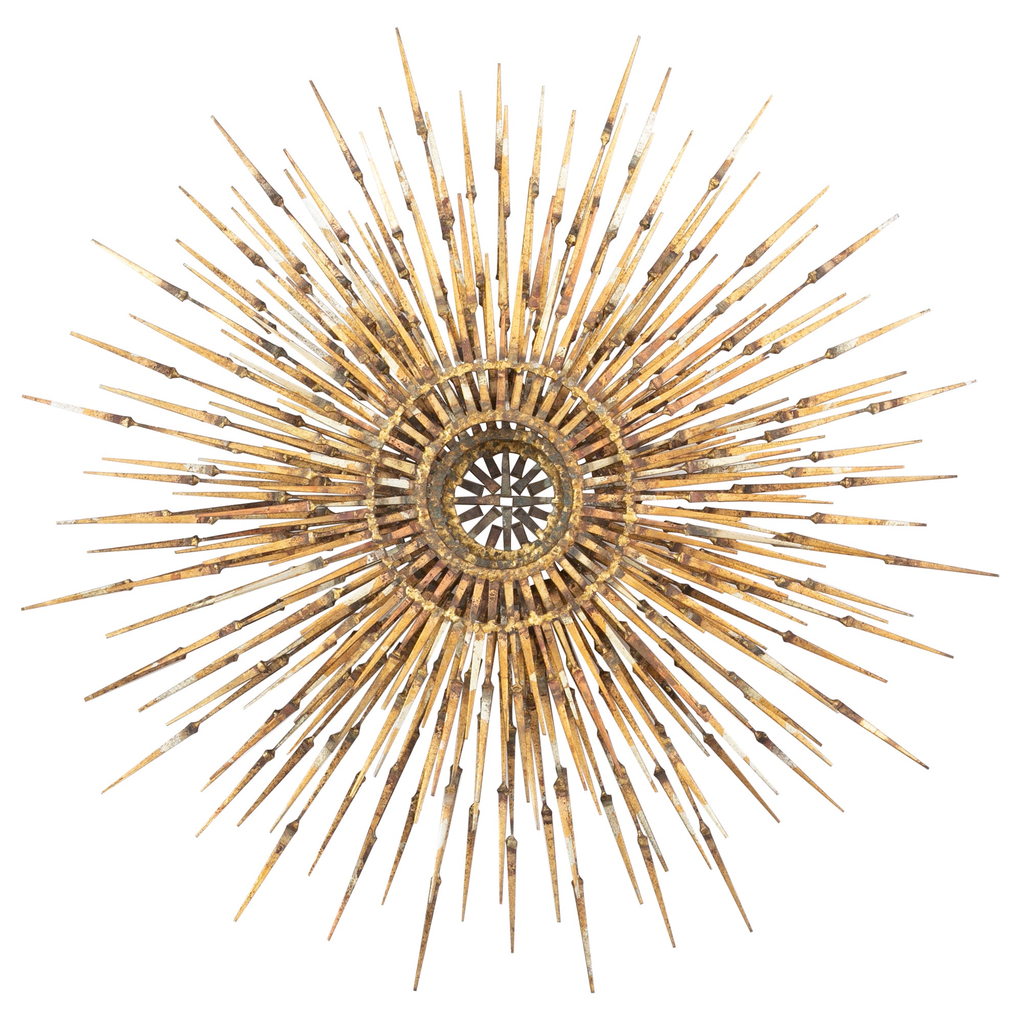 Mid-Century Modern Gilt Iron  William Bowie Style Sunburst Wall Sculpture 