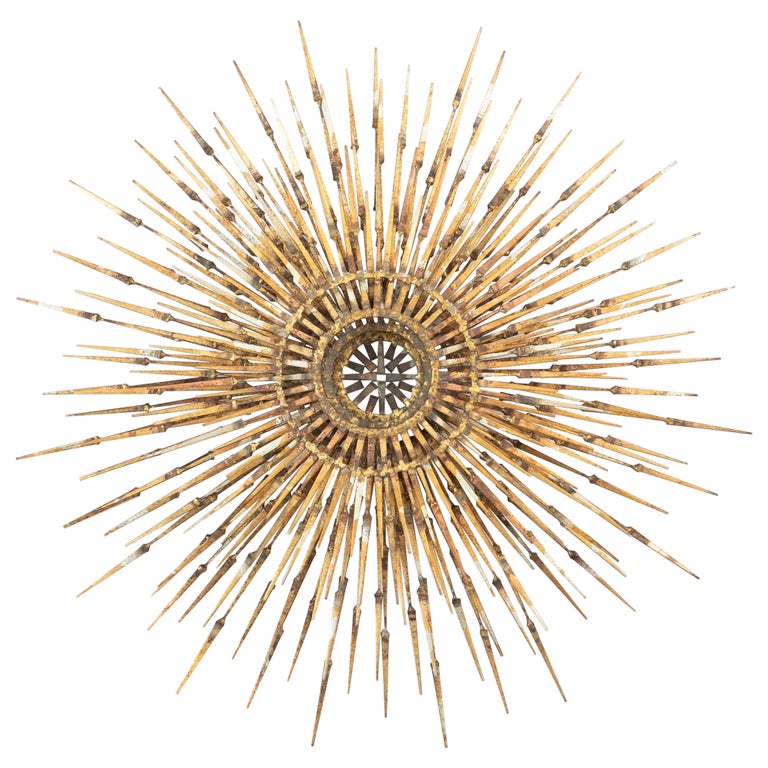 MidCentury Modern Gilt Iron Sunburst Wall Sculpture by William Bowie