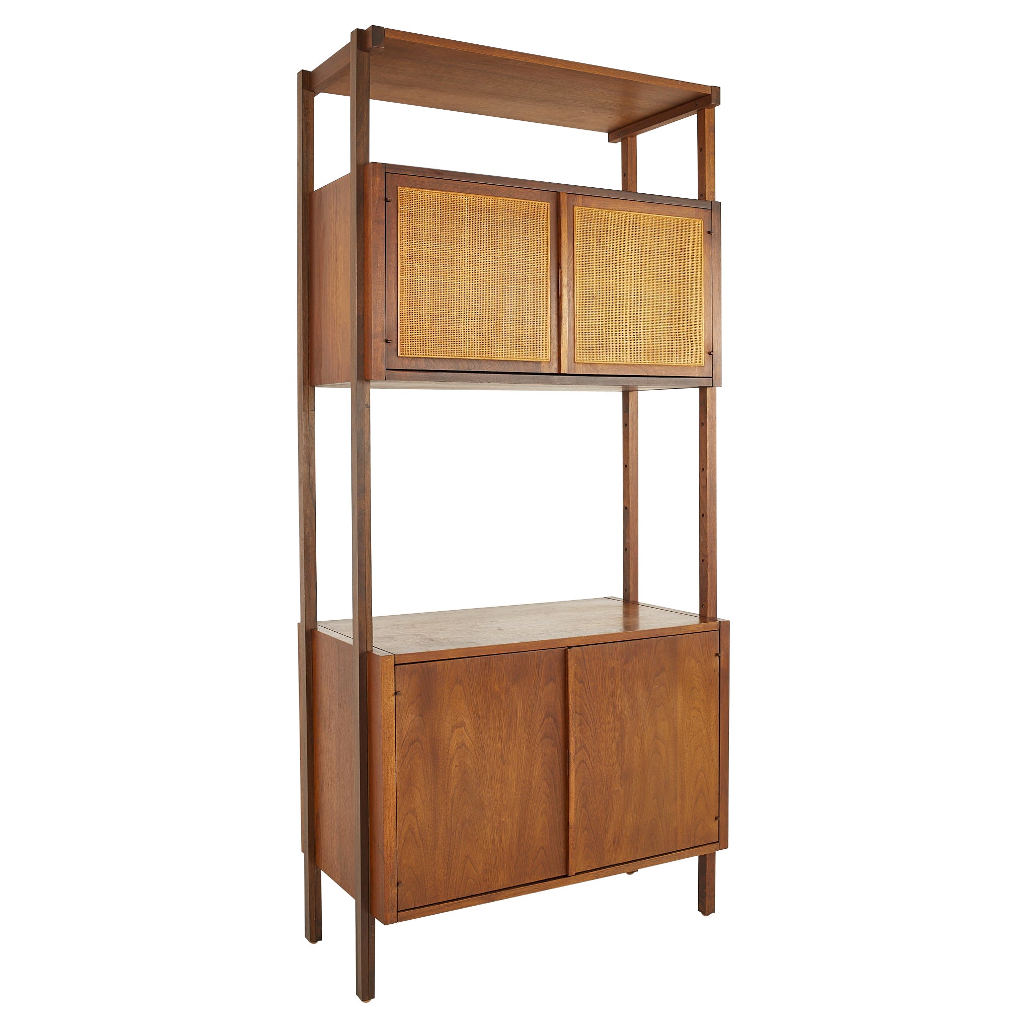 Founders Style MCM Walnut Cane Front Freestanding Wall Unit Section Bookcase