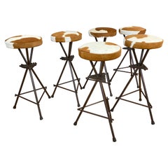 Six Vintage Constructivist Patinated Bronze Wrought Iron Bar Stools