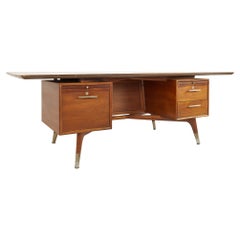 Standard Furniture Company Mid Century Walnut Brass and Cane Bowtie Desk