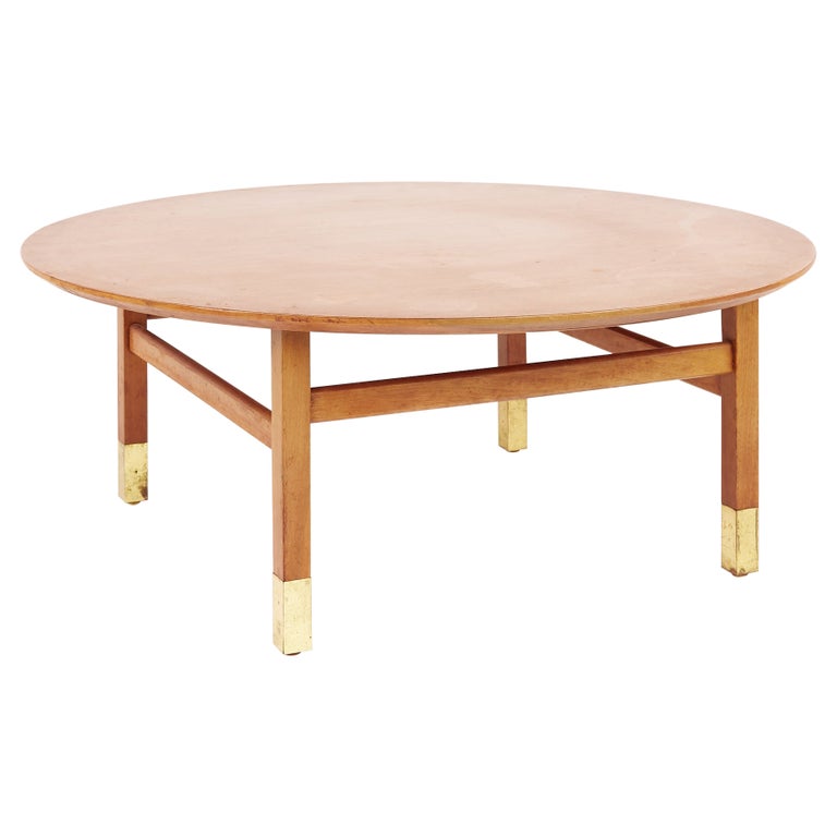 Founders Furniture Company Mid Century Walnut and Brass Round Coffee Table For Sale