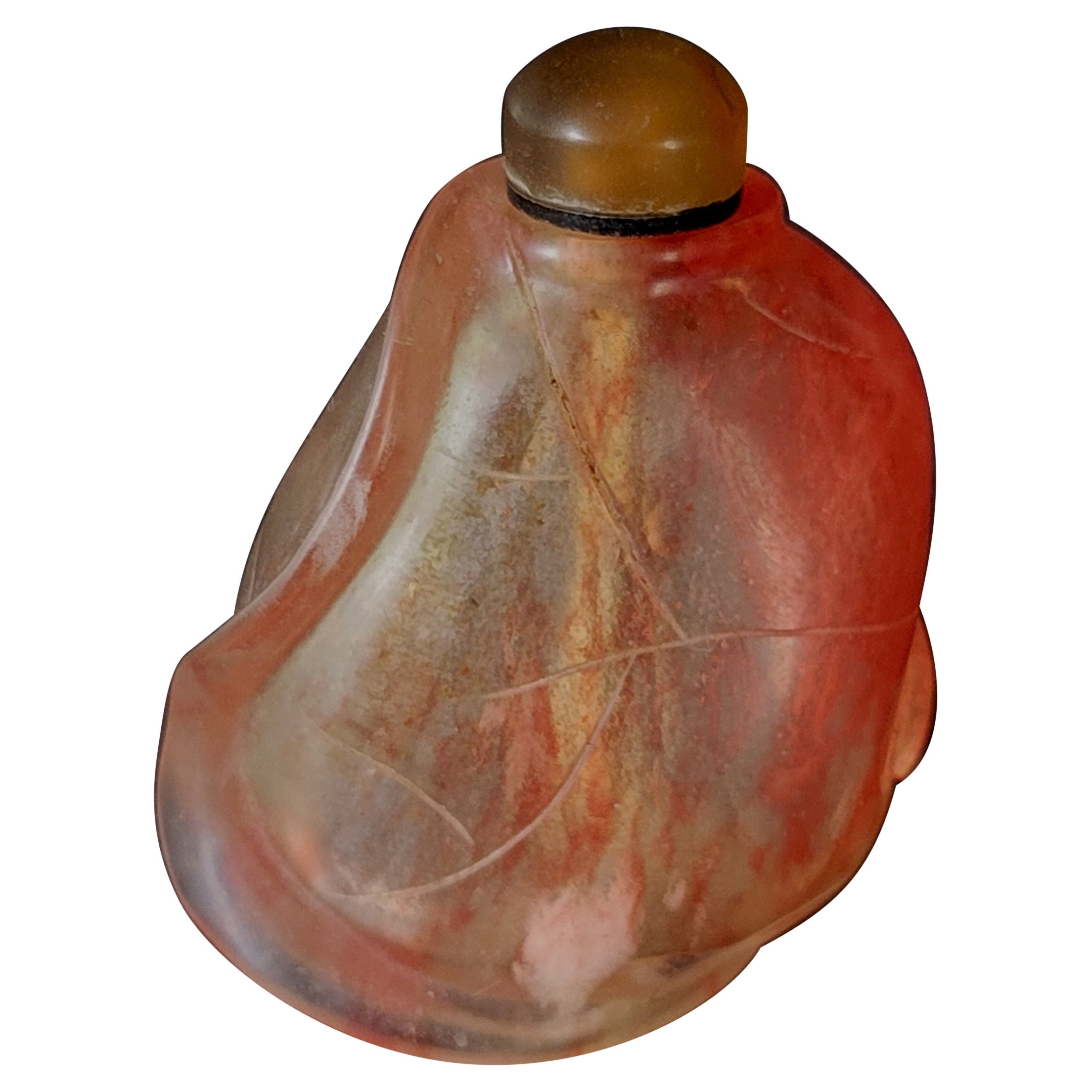 Antique Chinese Carved Rock Crystal with Pink Grain Snuff Bottle, 19th Century For Sale