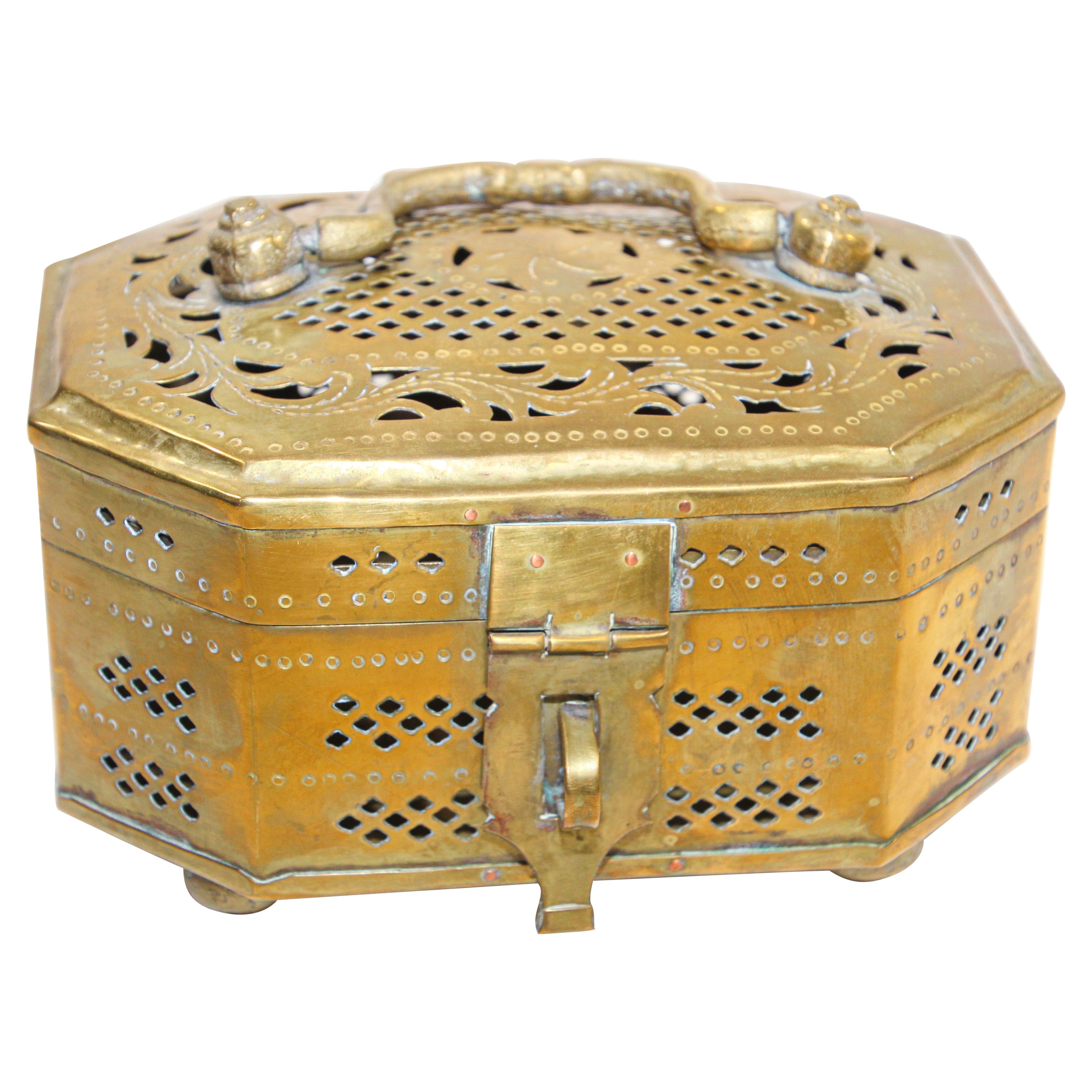 Mughal Indian Polished Brass Pierced Incense Box For Sale