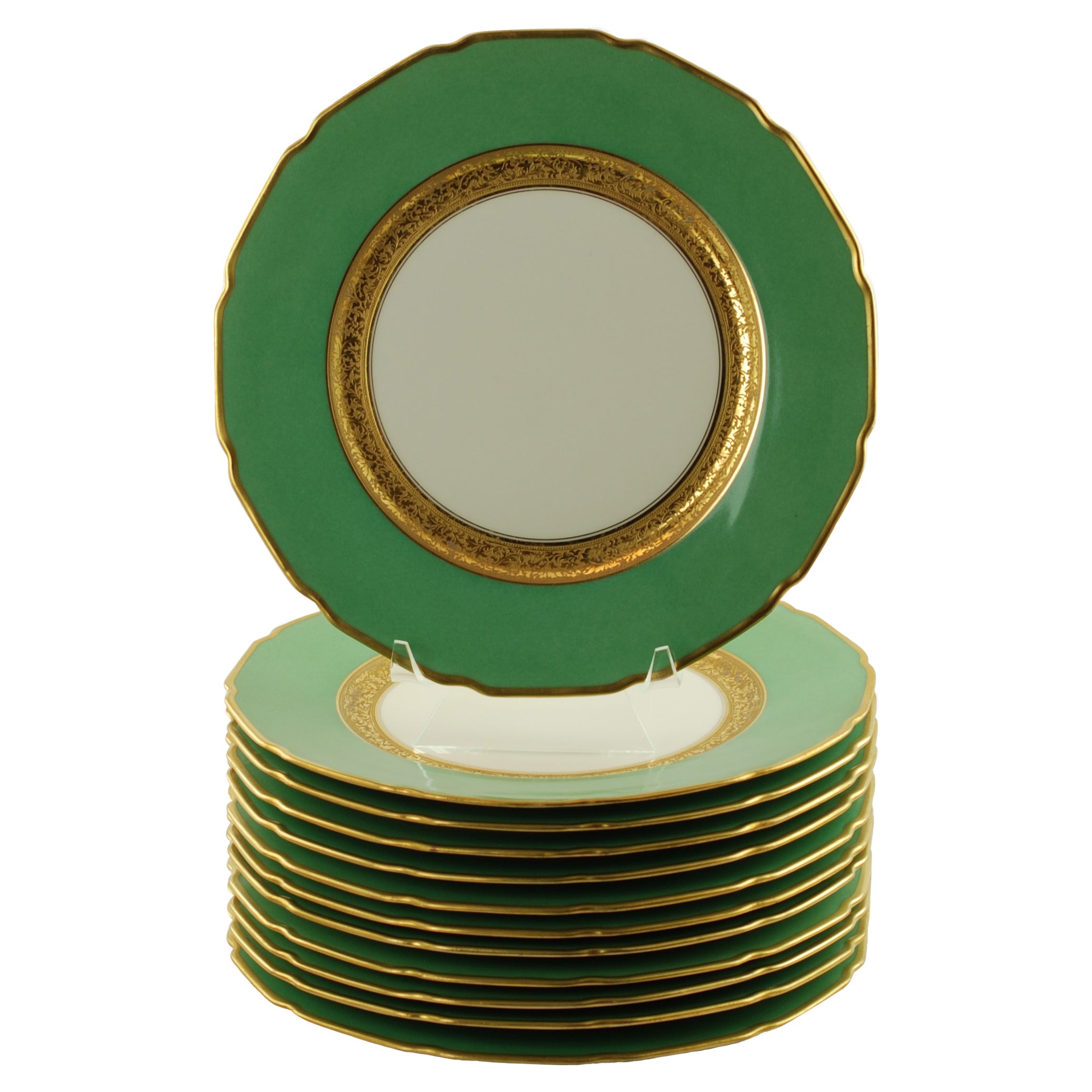 Antique Tressemanes & Vogt Porcelain Dinner Plates with Green Band and Gilt Trim