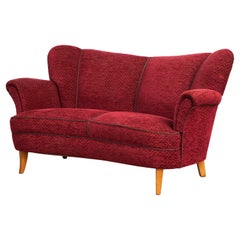 Danish 1940s Banana Form Curved Sofa or Loveseat in Red Mohair