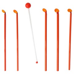 Retro Italian Barware Orange Art Glass Cocktail Stirrers Straw Spoon, Set