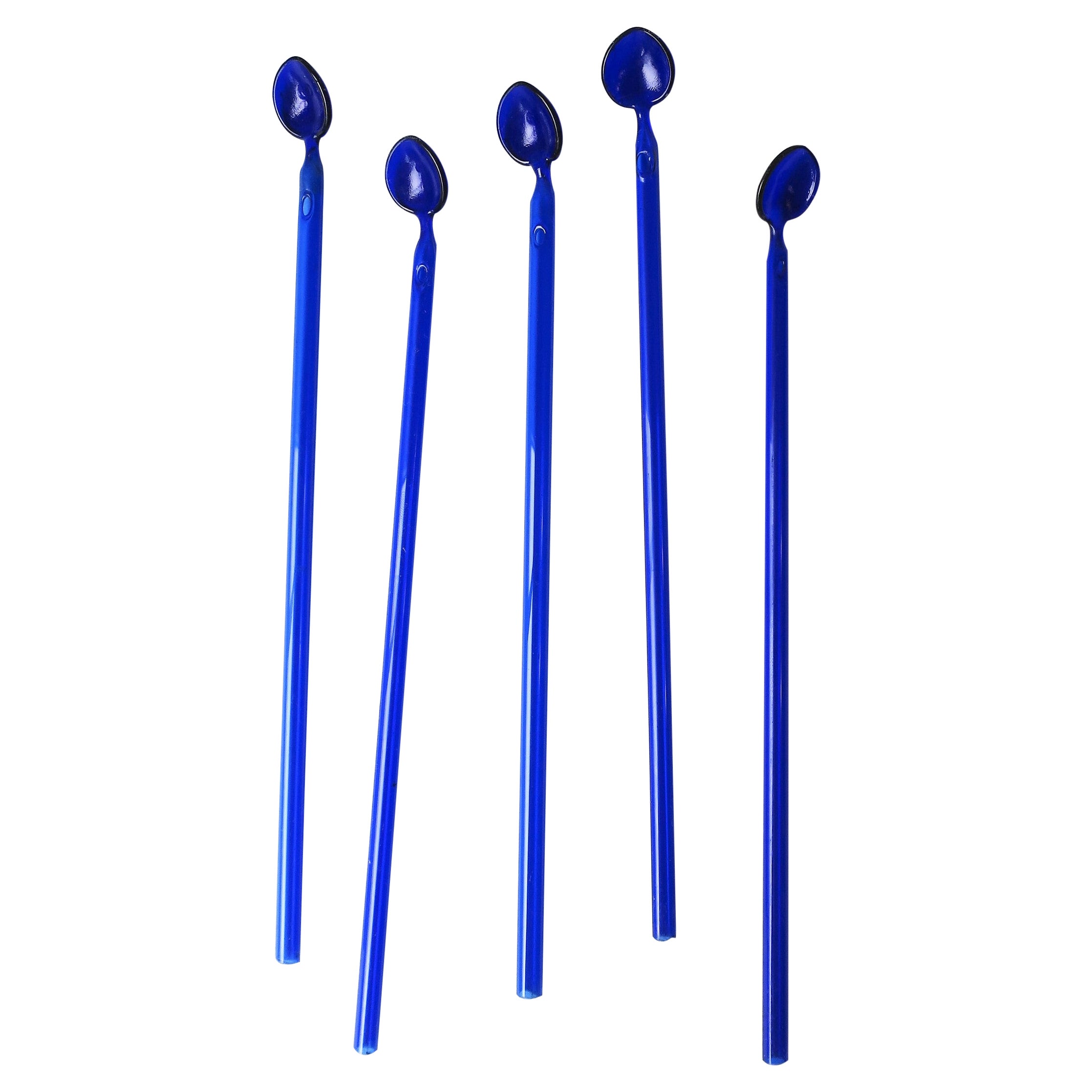 Vintage Italian Barware Blue Art Glass Cocktail Stirrers Straw Spoon, Set of 5