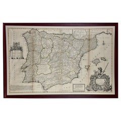 Framed Hand-Colored Early 18th Century Herman Moll Map of Spain and Portugal