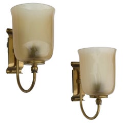 Vintage Murano Wall Lamps in Champagne Amber Color Glass and Brass details, Italy 1950's