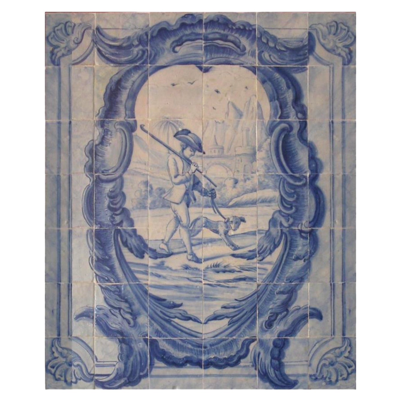 18th Century Portuguese "Azulejos" Panel "Hunting Scene" For Sale