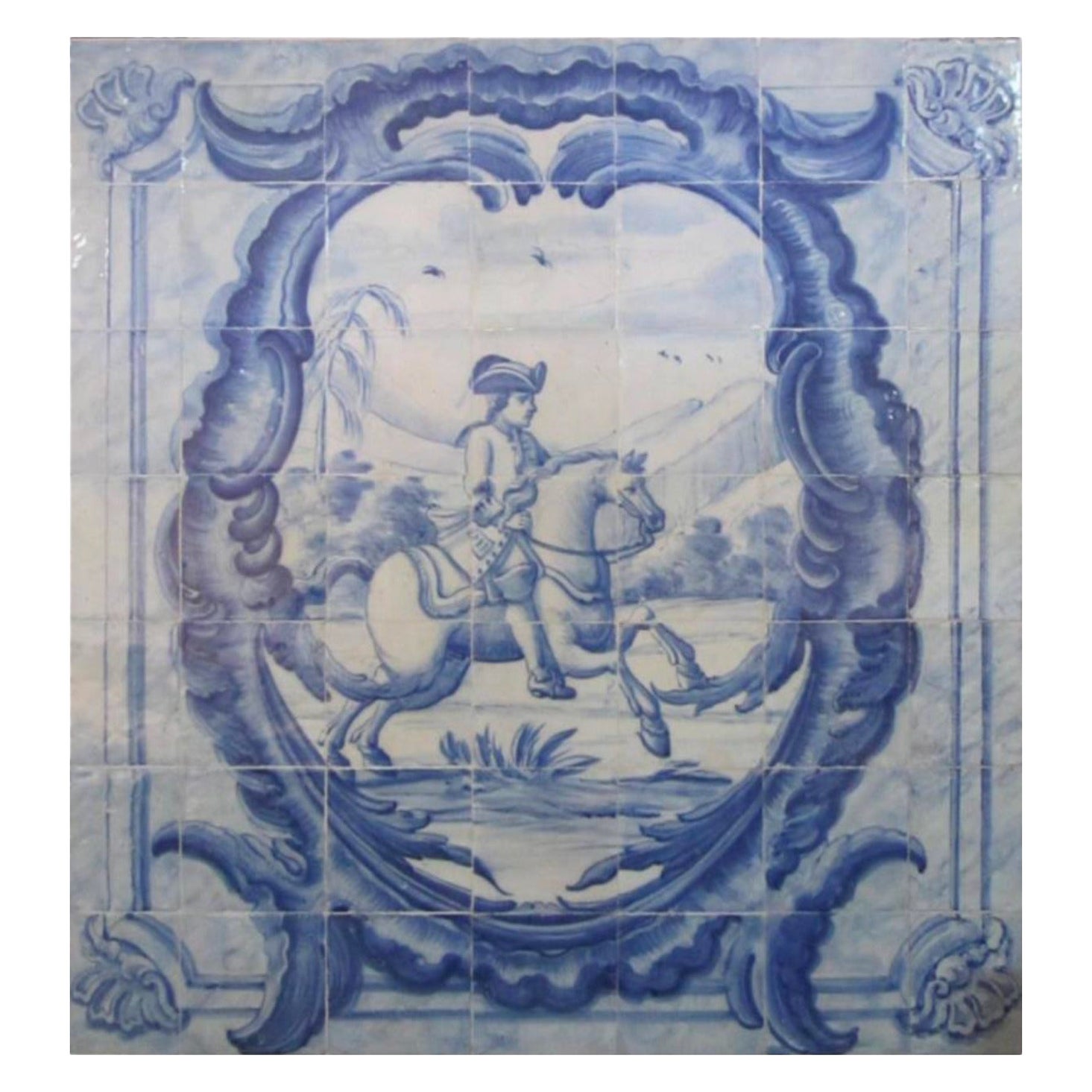 Portugiesische „“Azulejo“-Tafel „“Hunting Scene“ aus dem 18. Jahrhundert