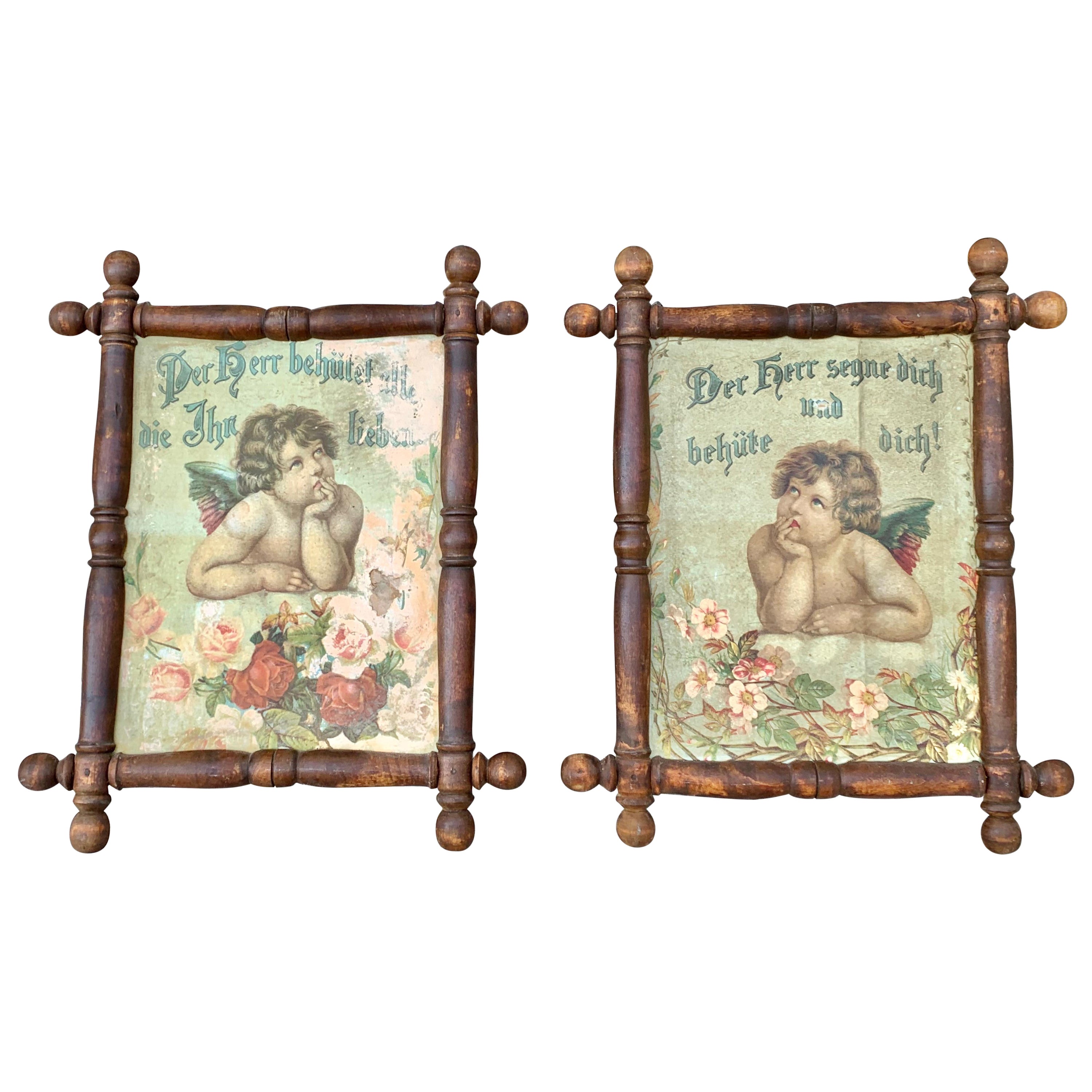 Antique 1890 Pair of Belle Époque Folk Art Frames Angel Prints For Sale